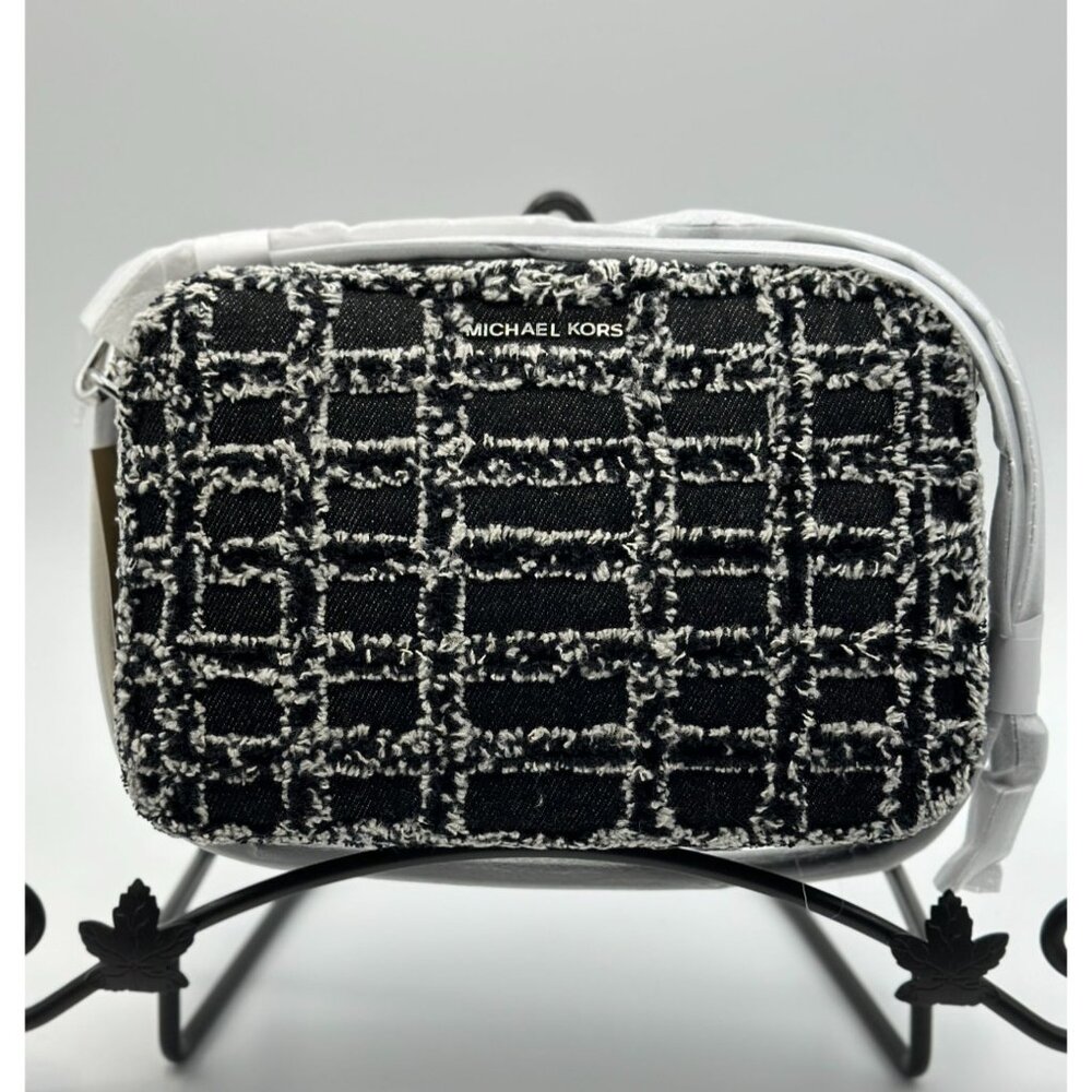 Michael Kors Black Frayed Denim Jet Set Medium Camera Crossbody Bag 32S4SJ6M2C